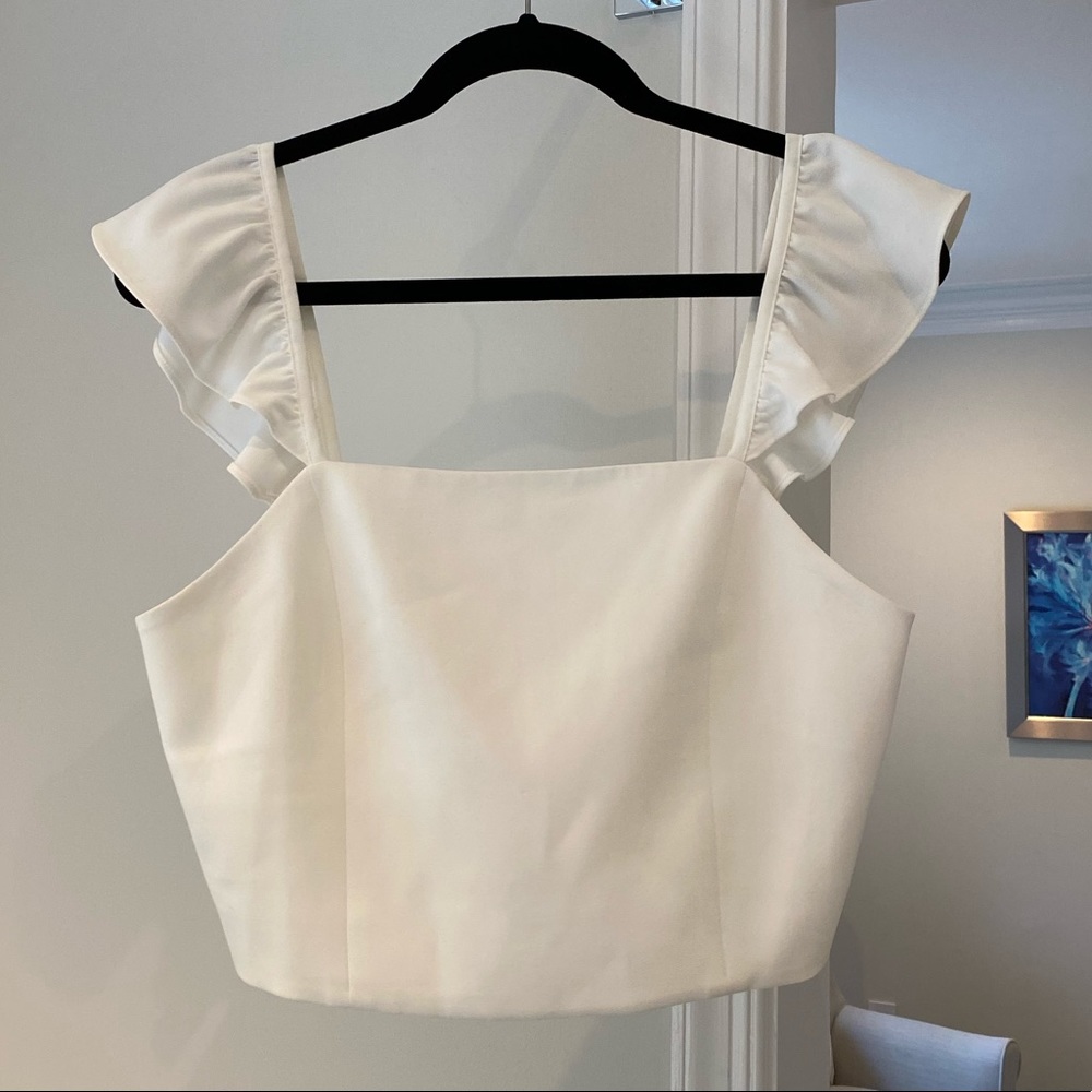 White Alice + Olivia Ruffle Crop Top
